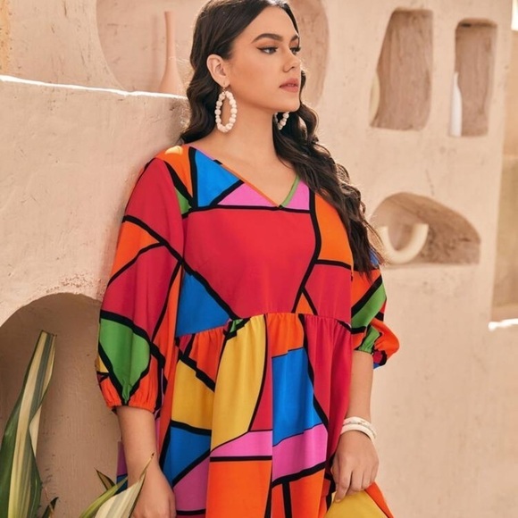 Shein Bright Color block V Neck Babydoll Dress - Picture 2 of 9